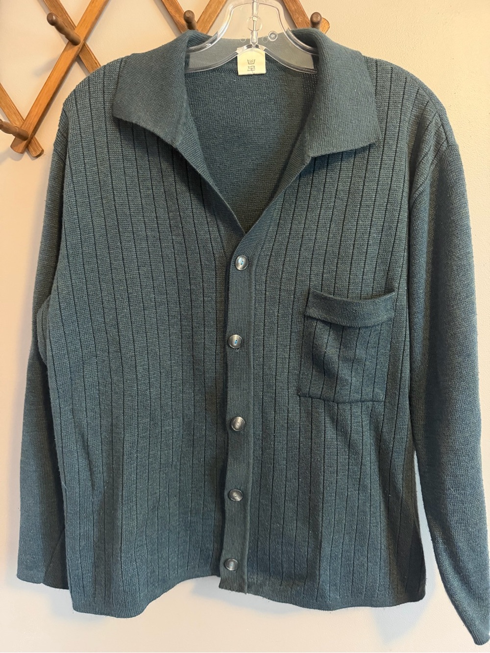 Vintage Bestes Woll-Kammgarn Teal Green Ribbed Cardigan L